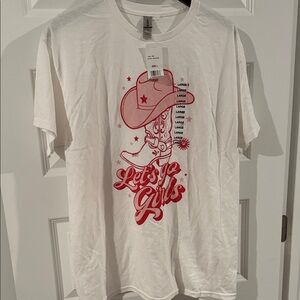 NWT White Pink Let’s Go Girls Graphic Tee with Cowboy Boot Cowboy Hat Western